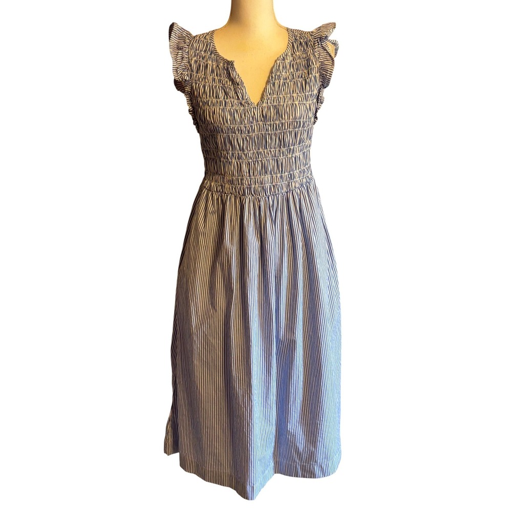 J.Crew Factory Striped Flutter Sleeve Smocked Midi Dress Small Pockets Romantic